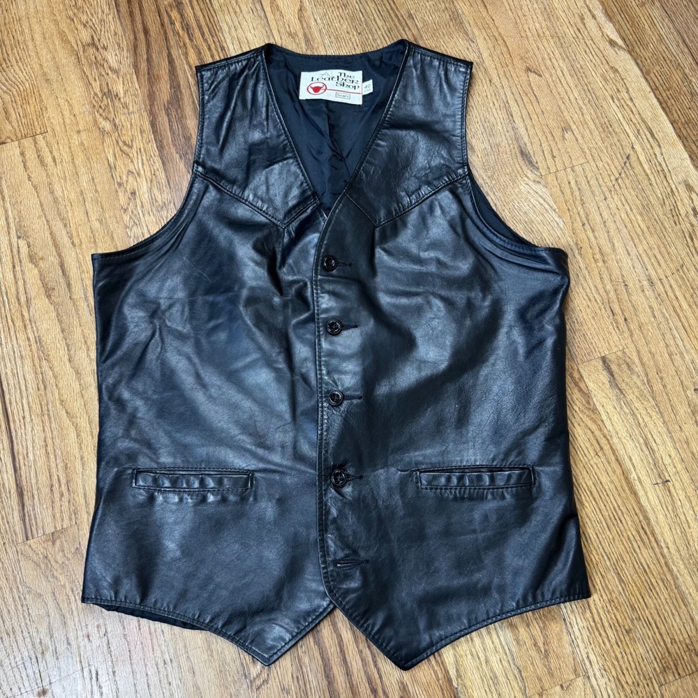 Vintage The Leather Shop Sears Black Leather Western Biker Vest Mens 40